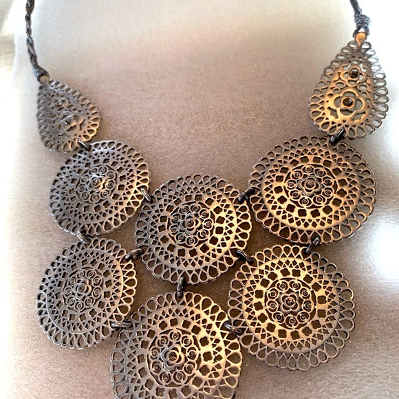 Lovely Silver necklace of discs with rhinestone centers. Great on a turtleneck! - Picture 2 of 5